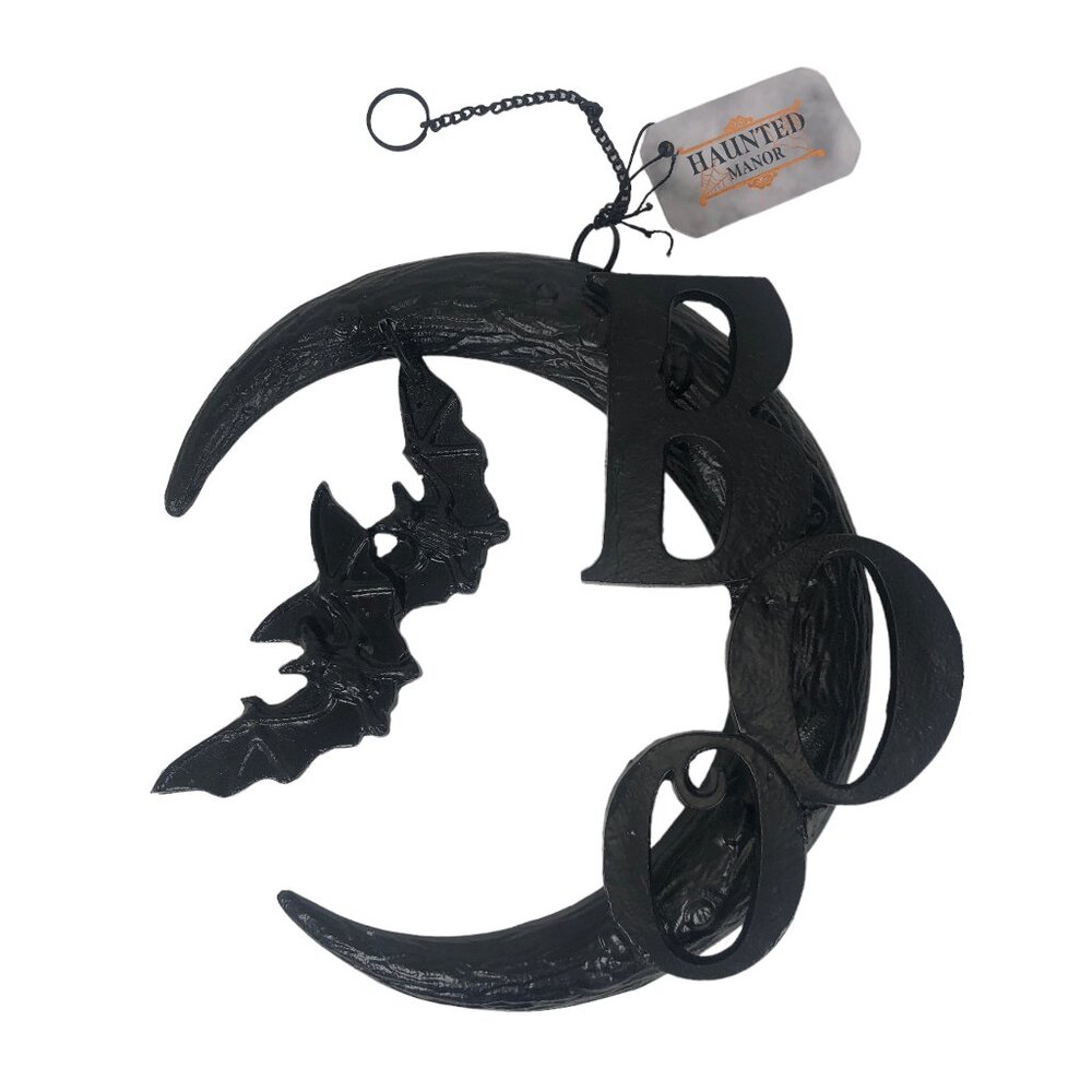 Black Cast Iron Metal Bats Moon Boo Wall Sign Halloween Horror Gothic Home Decor